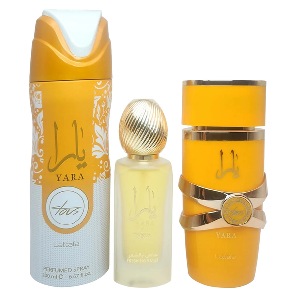 Lattafa Yara Tous 3 piece fragrance set with Eau de Parfum, deodorant spray, and hair mist