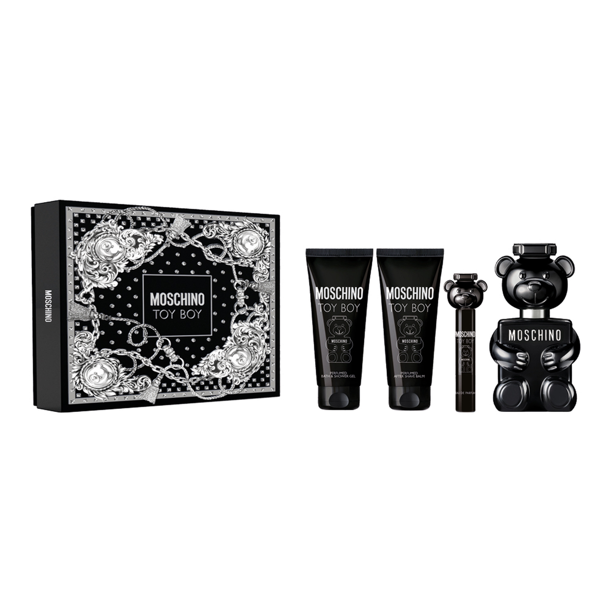 Moschino Toy Boy 4 piece fragrance set with 3.4 oz Eau de Parfum, shower gel, after shave balm, and 10 ml mini